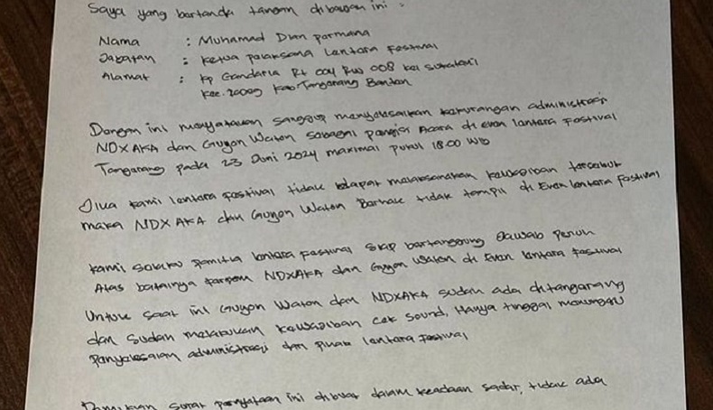 Ini Isi Surat Pernyataan Panitia Lentera Festival Belum Lunasi NDX AKA dan Guyon Waton