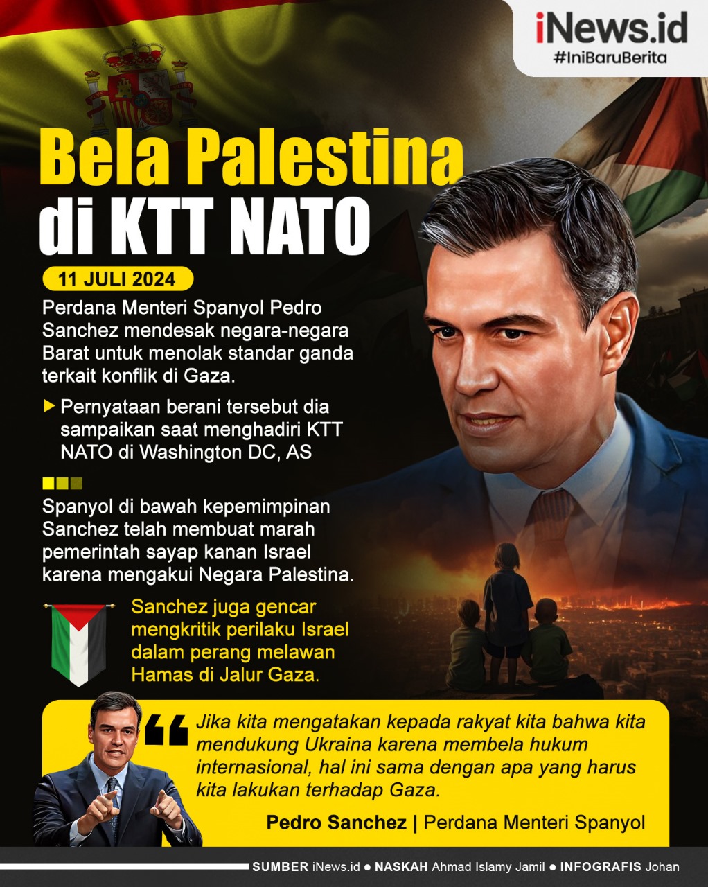 Infografis PM Spanyol Pedro Sanchez Bela Palestina di KTT NATO, Sentil Standar Ganda Barat!