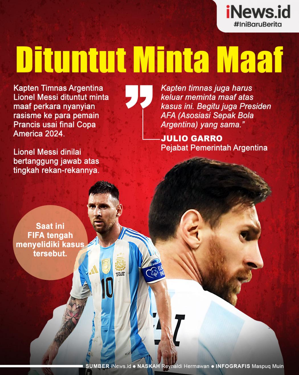 Infografis Lionel Messi Dituntut Minta Maaf Perkara Nyanyian Rasisme