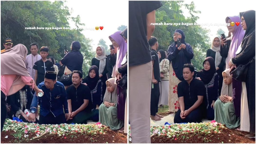 Tangis Pilu Suami Shella Pejuang Kanker saat Kuburkan Istri: Rumah Barunya Bagus Ya Sayang