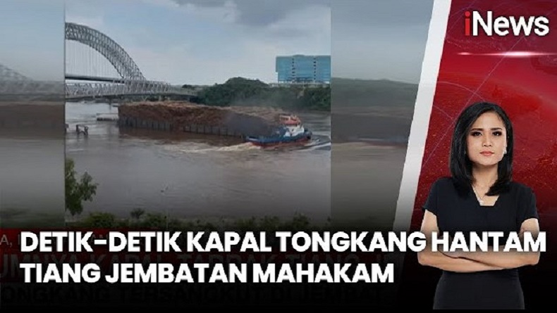 Detik-Detik Kapal Tongkang Muatan Kayu Tabrak Tiang Jembatan Mahakam di Samarinda