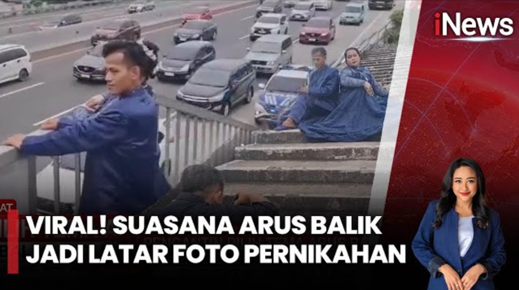 Unik! Pasangan Pengantin Manfaatkan Suasana Arus Balik Jadi Latar Belakang Foto Pernikahan