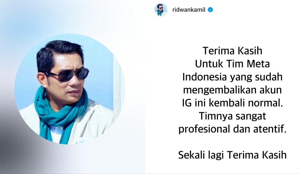 Akun Instagram Kembali Pulih Setelah Diretas, Ridwan Kamil: Terima Kasih Tim Meta