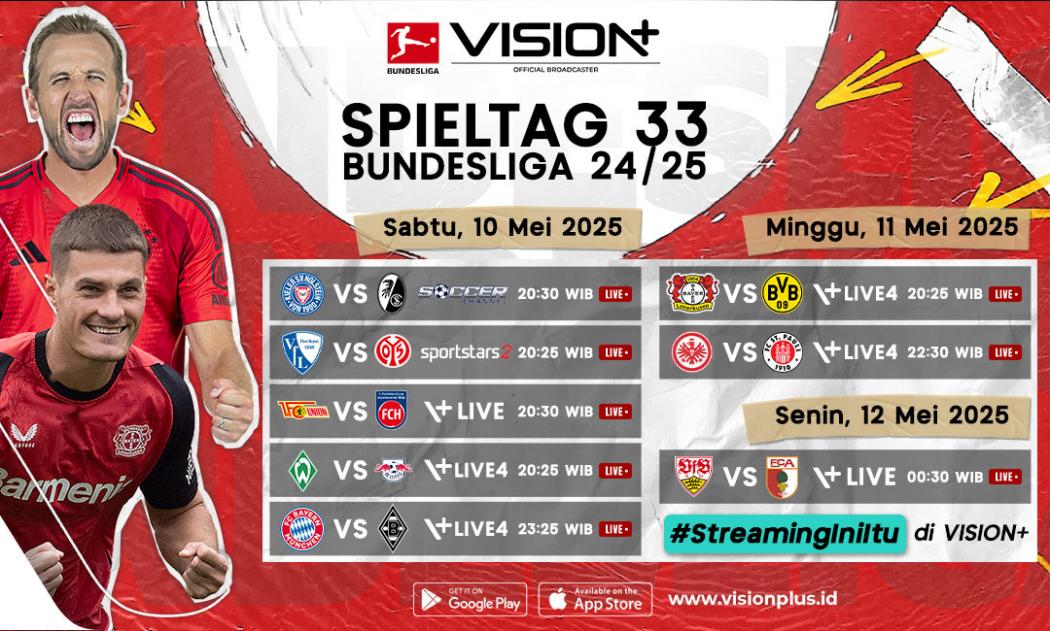 Jadwal Bundesliga Pekan ke-33: Duel Sengit jelang Akhir Musim, Saksikan Langsung di VISION+