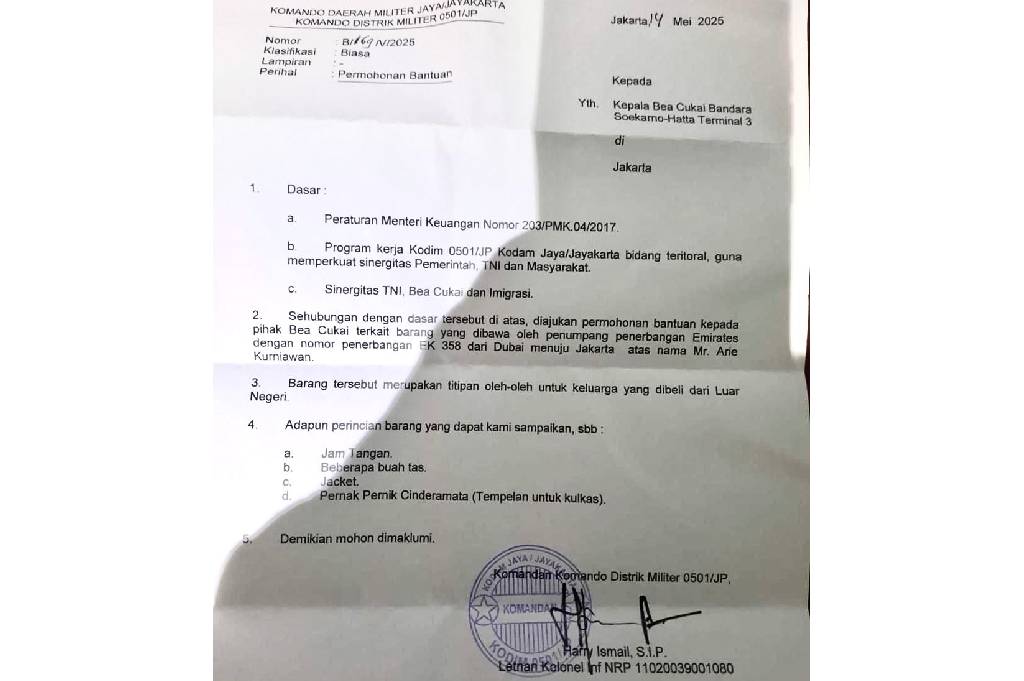 Penjelasan Kodam Jaya soal Viral Surat Dandim Jakpus ke Bea Cukai Bandara Soetta