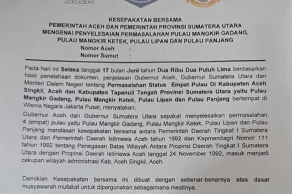 Bunyi Surat Kesepakatan Gubernur Aceh dan Sumut soal 4 Pulau Sengketa