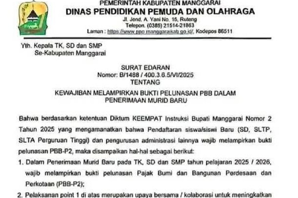 Heboh! Daftar Sekolah di Manggarai NTT Wajib Lampirkan Bukti Lunas PBB