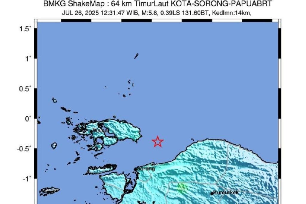 Gempa Bumi Magnitudo 6,0 Guncang Sorong Papua Barat Daya