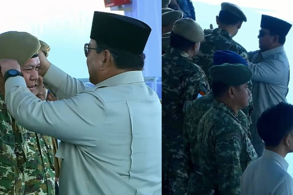 Momen Prabowo Rapikan Baret Cak Imin dan Sultan Bachtiar saat Upacara Kehormatan Militer