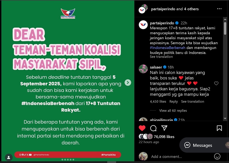Partai Perindo Respons Cepat 17+8 Tuntutan Rakyat: Wujudkan #IndonesiaBerbenah & Bangun Budaya Politik Baru