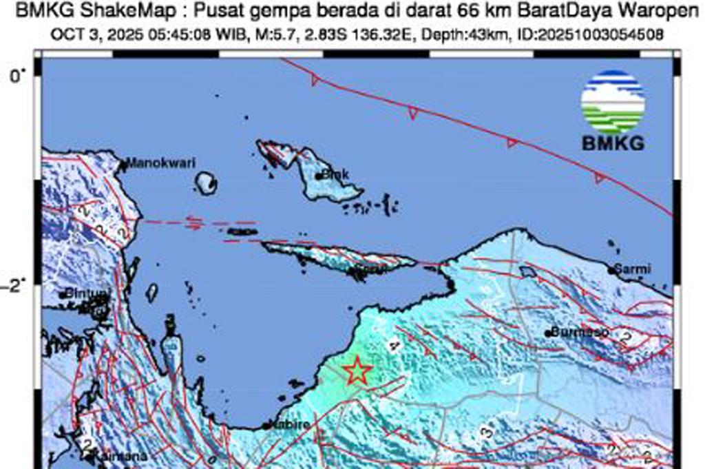 Gempa Hari Ini Magnitudo 5,7 Guncang Waropen Papua, Terasa Kuat di Nabire