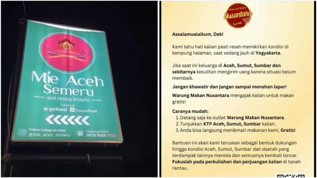 Viral 2 Rumah Makan Ini Gratiskan Jualannya untuk Mahasiswa Perantauan Aceh, Sumut dan Sumbar