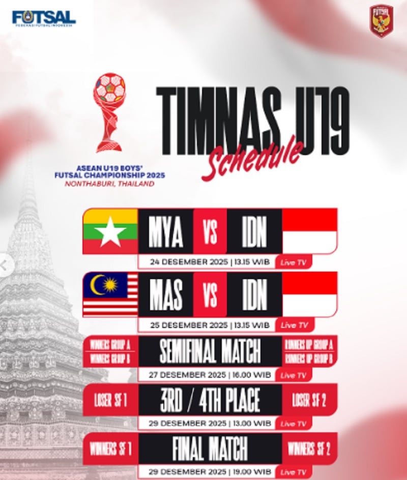 Jadwal Timnas Futsal Indonesia U-19 di Piala AFF Futsal 2025, Hadapi Myanmar dan Malaysia