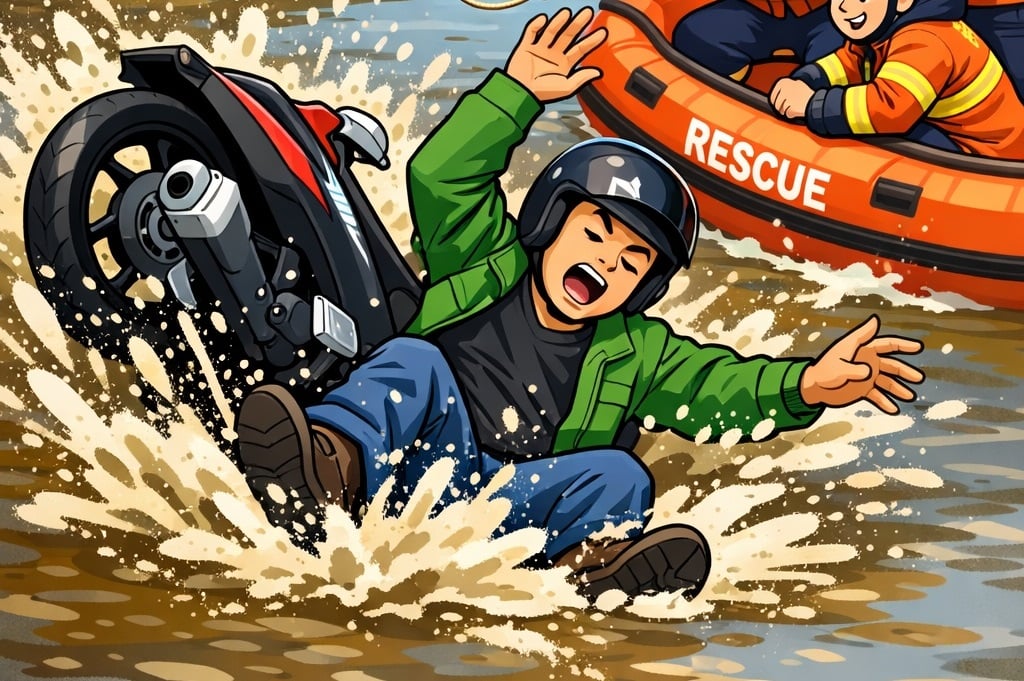 Apes! Rem Nggak Pakem, Pemotor Berakhir Nyemplung ke Kali Ciliwung