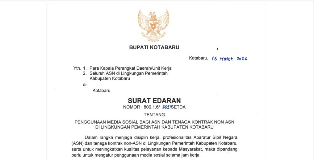Bupati Kotabaru Terbitkan Surat Edaran, ASN Dilarang Siaran Langsung saat Jam Kerja