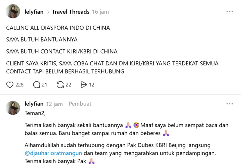 Warganet Bisa Terhubung Langsung dengan Dubes RI di China saat Situasi Kritis Berkat Unggahan Threads