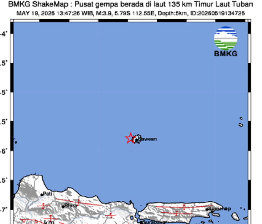Gempa Terkini M 3,9 Guncang Tuban, Getaran Terasa Hingga Bawean