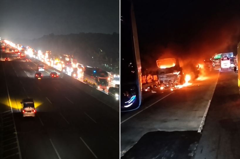 Bus Pariwisata Terbakar di Tol Jakarta-Cikampek, Picu Kemacetan Panjang Bus Pariwisata Terbakar di Tol Jakarta-Cikampek, Picu Kemacetan Panjang