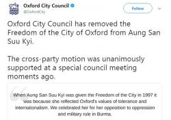 Krisis Rohingya, Oxford Tarik Penghargaan Aung San Suu Kyi 