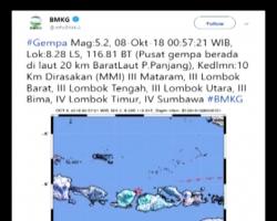 Gempa Magnitudo 5,2 Guncang Pulau Panjang NTB, Tak Berpotensi Tsunami