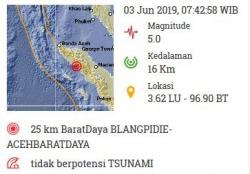 Gempa Bumi 5,0 SR Guncang Blangpidie Aceh Barat Daya Senin Pagi Ini