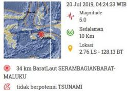 Gempa Magnitudo 5.0 Guncang Seram Bagian Barat Maluku, Tak Berpotensi Tsunami