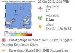 Gempa Hari Ini Magnitudo 4,7 Guncang Ondong Siau Sulawesi Utara