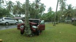 Terkejut Ada Batu Melayang, Sopir Banting Setir, Minibus Tabrak Pohon di Arcamanik<