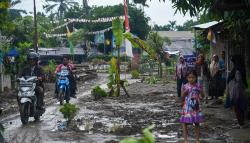 Warga Deli Serdang Tanam Pohon Pisang di Tengah Jalan Rusak