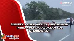 Ringsek, Mobil Mewah Tergelincir Tabrak Pembatas Jalan Tol di Surabaya