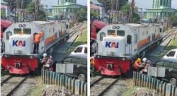 Viral Pemotor Boncengan Nyaris Terlindas Kereta, Masinis Terpaksa Berhenti akibat Motor Tersangkut