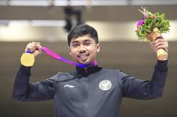 Ekspresi Atlet Menembak Indonesia Sumbang Medali Emas Pertama Asian Games 2022