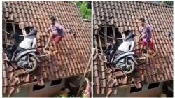 Niat Ngabuburit, Pengendara Motor Perempuan Ini Malah Nyangkut di Atas Genteng Rumah Warga
