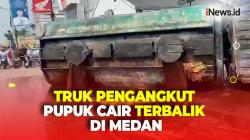 Diduga Parit Amblas saat Parkir, Truk Pengangkut Pupuk Cair Terguling di Medan<