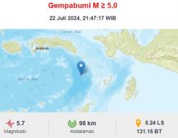 Gempa Terkini M 5,7 Guncang Maluku Tenggara, Tidak Berpotensi Tsunami<