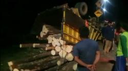 Truk Angkut Kayu Gelondongan Terbalik di Banyuasin, 5 Orang Teriak Kesakitan Terjepit Muatan<