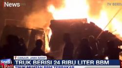 Detik-Detik Truk Tangki Angkut 24.000 Liter BBM Terguling dan Terbakar di Cianjur