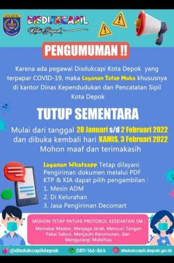 4 Pegawai Terpapar Covid, Layanan Fisik Kantor Disdukcapil Kota Depok Tutup Sementara