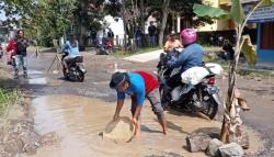 Geram, Warga di Brebes Tanam Pohon Pisang dan Mancing di Jalan Rusak