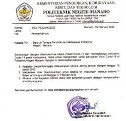 1 Mahasiswa Positif Omicron, Politeknik Negeri Manado Kuliah Daring hingga 15 Maret 2022