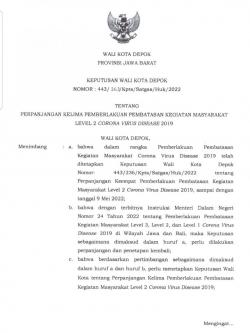 Depok Tetap Larang Kerumuman, PPKM Level 2 Lanjut Hingga 23 Mei 2022