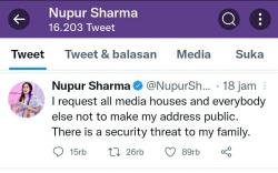 Dihantui Ketakutan, Ini Cuitan Jubir BJP Nupur Sharma di Akun Twitter Pribadi