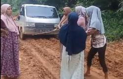 Viral di Medsos, Emak-Emak hendak Kondangan Tarik Pikap Akibat Jalan Rusak