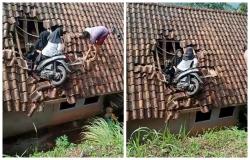 Viral! Motor Terbang Nyangkut di Atap Rumah di Tasikmalaya