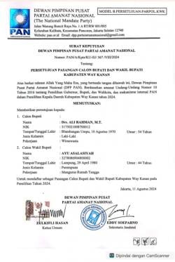 Partai Amanat Nasional Resmi Mengusung Ali Rahman-Ayu Asalasiyah di Pilkada Way Kanan