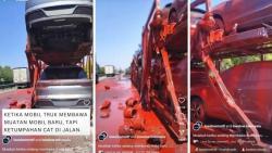 Viral Konsumen Pesan Mobil Baru Tersiram Cat saat Diangkut Truk Towing, Pemilik Auto Nangis