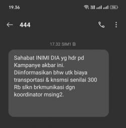 Pasca Kampanye Akbar INIMI DIA, Beredar SMS Blast Berisi Kabar Bohong Terkait Transport dan Konsumsi