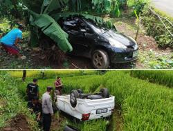 Dua Mobil Wisatawan Terperosok ke Sawah dan Lahan Kebun Warga di Kuningan