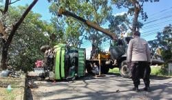 Diduga Ngantuk, Mobil Bermuatan Cat Terguling usai Tabrak Pohon di Jalan Lethen Mashudi Tasikmalaya