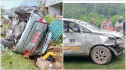 Hilang Kendali Saat Menyalip Pikap, Mobil Dinas Bappeda Muna Barat Tabrak Pagar Rumah Warga